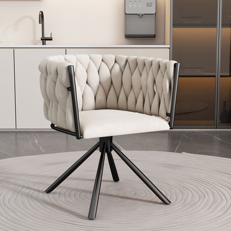 Fauteuil de salle à manger en velours beige, pivotant avec quatre pieds métalliques, idéal pour salon et chambre.