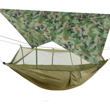 Camping hammock with mosquito net tent, tree straps, waterproof and lightweight portable nylon for hiking, garden, travel, with storage pocket (army green + camouflage) (1/5)