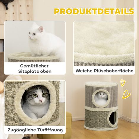 Tonne à griffer 2 étages, 49 cm haut, Ø35,5 cm, avec bord en peluche, tapis à griffer, 2 cachettes, couleur kaki+marron (1/5)