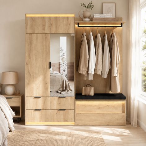 Vestiaire d'entrée 180x47x200 cm avec armoire, miroir, banc rembourré, LED, 2 penderies et 4 tiroirs, MDF Anthracite et Chêne (1/5)