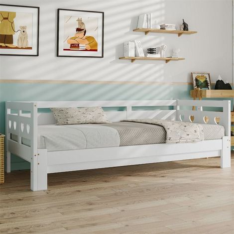 Lit extensible 90x190 cm 2 places — lit de jour en forme de cœur, pin massif blanc, cadre roulant