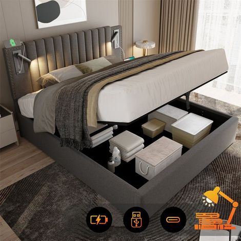 Lit rembourré 160x200 cm avec rangement, sommier à lattes et lampe de lecture – gris (sans matelas) (1/5)