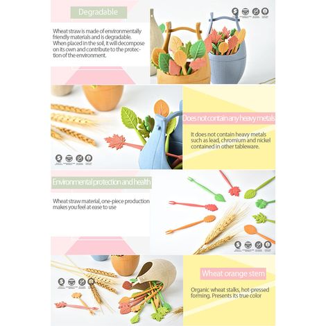 Ensemble de 16 fourchettes à fruits en fibre de blé style nordique, en forme de tonneau et de feuille, pour décorer gâteaux, desserts et autres gourmandises. Idéal pour la maison, les mariages et les (1/5)