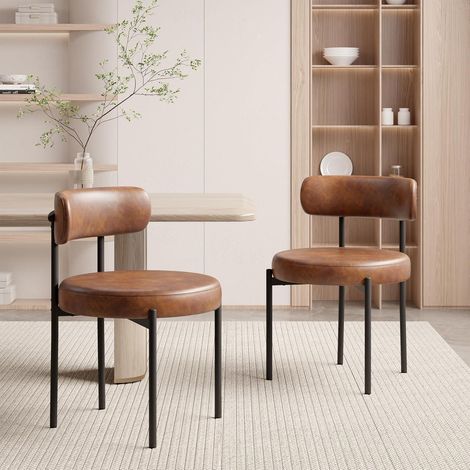 Esszimmerstühle 2er Set Braun PU-Leder Mid-Century gepolstert mit Metallbeinen (1/5)
