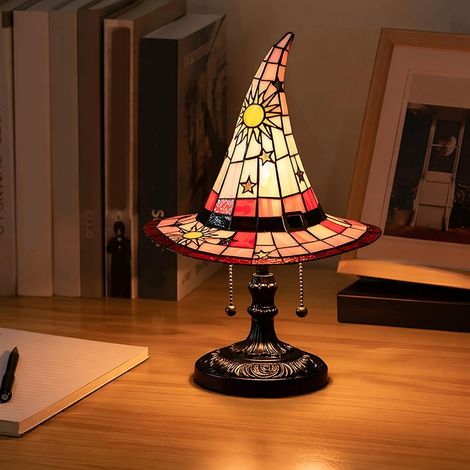 Lampe de table chapeau de sorcière en résine style vitrail, veilleuse chapeau de sorcier gothique pour Halloween, alimentation USB (1/5)