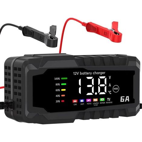Chargeur Batterie Voitures，6A 12VChargeur de Batterie Intelligent Moto avec Fonction Réparation, Maintien de Charge Auto, Écran LED, pour Voiture Moto Camion, AGM, Gel, Wet, SLA
