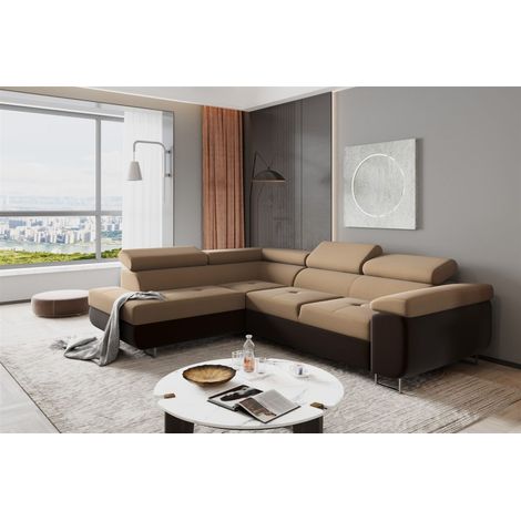 Ecksofa Sofa JADE Stoff Monolith Dunkelbraun-Cappuccino mit Schlaffunktion Ottomane Links (1/2)