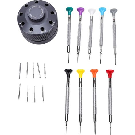 Jeu de Tournevis de Precision, Kit de Reparation 9 Pieces avec Base a Roulement Antiderapante et Support Rotatif, for Reparation de Montres et Entretien de Lunettes (1/5)