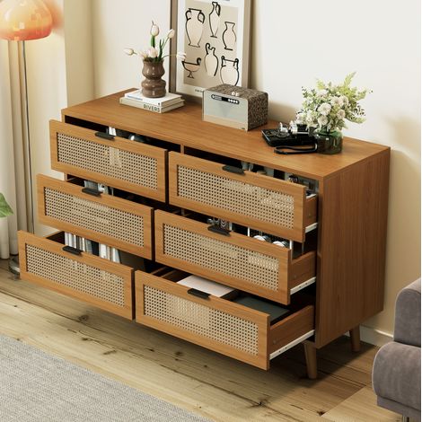 Cómoda de 6 cajones, cómoda para dormitorio con manijas de metal, nogal (1/5)