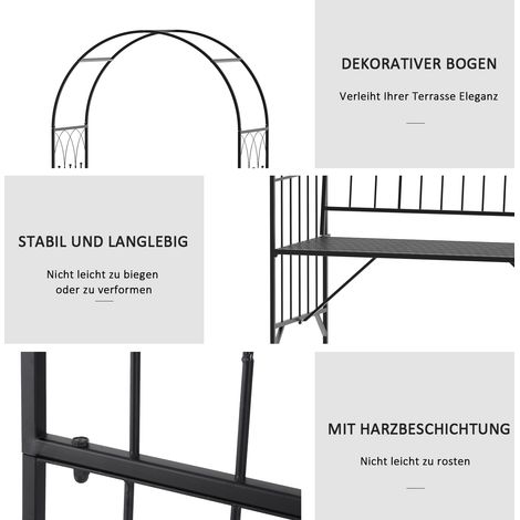 Arche à rosiers métallique Outsunny, support pour plantes grimpantes, tonnelle de jardin avec banc intégré, treillis, tuteur pour rosiers, 115 x 59 x 203 cm, noir (1/4)