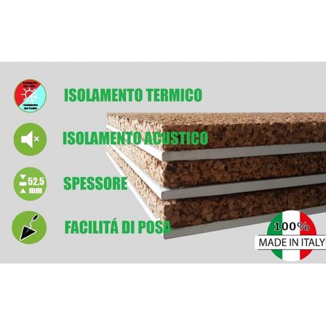 Pannello Accoppiato Cartongesso e Sughero Naturale per Isolamento Termico/Acustico- Spessore 52,5 mm - 120 X 50 cm - Italfrom