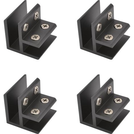 Juego de cuatro abrazaderas ajustables de 90 grados para vidrio, soporte para estante y conector de soporte, apto para vidrio de 10 a 12 mm de espesor, color negro. (1/5)