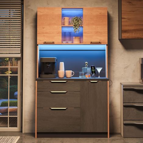 Armoire haute de cuisine élégante 100 × 40 × 180 cm, aspect béton, plan de travail noir, éclairage LED réglable, prise standard européenne, convient aux cuisines, salons, appartements, etc.