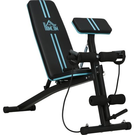 Banc de Musculation Pliable Réglable 7 Niveaux avec Extension de Jambes et Élastiques pour Entraînement à Domicile Bleu (1/5)