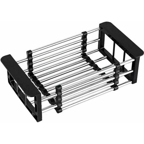 Cestello scolapiatti, scolapiatti telescopico in acciaio inox, utilizzato per lavare i piatti nel lavello della cucina, scolare frutta e verdura (Nero, S).