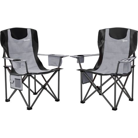Set of 2 Folding Camping Chairs, Padded Camping Chairs with Adjustable Armrests, Portable & Lightweight Folding Camp Chair with Cooler Bag, Cup Holder and Side Pockets, Grey (1/5)