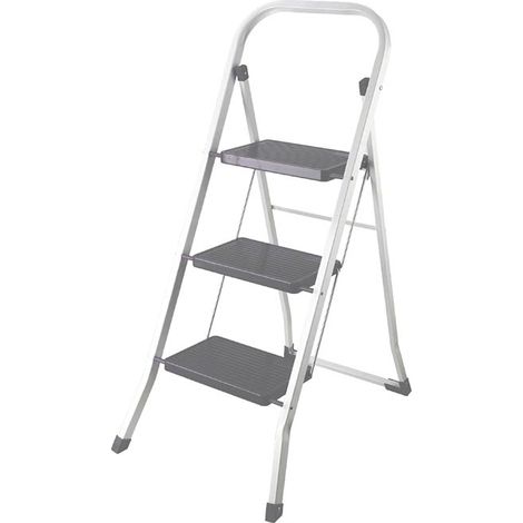 Perel Escalera Plegable, 3 peldaños, Plegable, Escalera doméstica con asa Alta, pies Antideslizantes y Perfil Antideslizante en los Dos peldaños, Acero Lacado, protección antivuelco, tamaño del