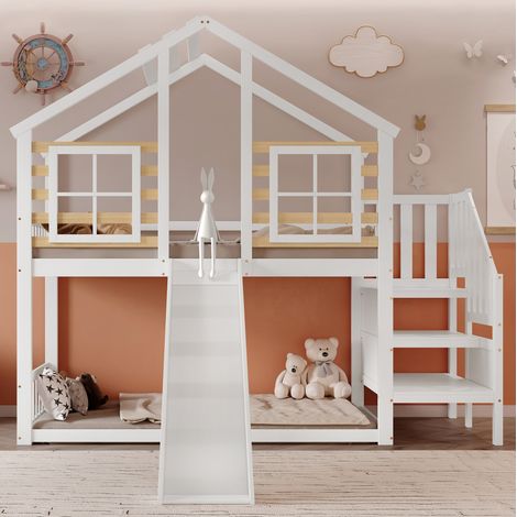 Etagenbett 90x200 cm weiß und natur aus Massivholz und MDF mit Rutsche, Treppe und Fenster (1/5)