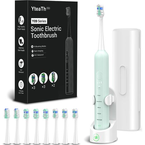 Brosse à Dents électrique sonique pour adulte avec 8 têtes de brosse et étui de voyage, chargeur rapide sans fil et durable, 5 modes et minuterie intelligente, brosse de voyage, vert clair (1/5)