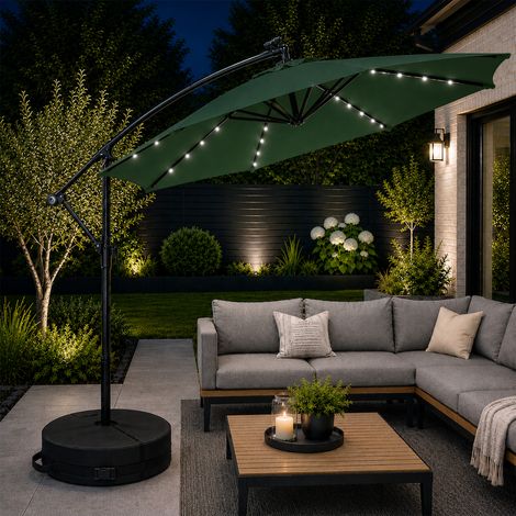 3m Solar Powered Cantilever Lit Banana Garden Parasol with Crank Handle & White LED Lights in Green with Base Bag Included (1/5)