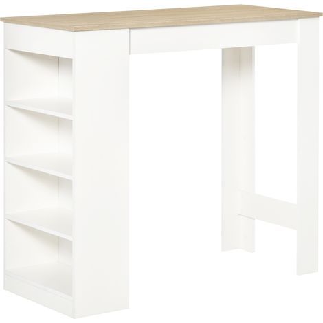 Table de bar pour 2 personnes, table haute mange debout avec 4 étagères ouvertes, 115x50x102,7cm, blanc et bois naturel (1/5)