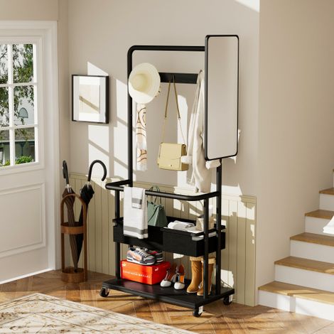 Portant à vêtements métallique robuste sur roulettes – Design 3-en-1 avec panier et miroir – Support penderie mobile sur roulettes – Portant-vestiaire spacieux