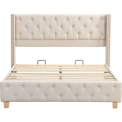 Cama capitoné 140 x 190 cm con somier de láminas, cabecero, lino beige y patas de madera (1/5)