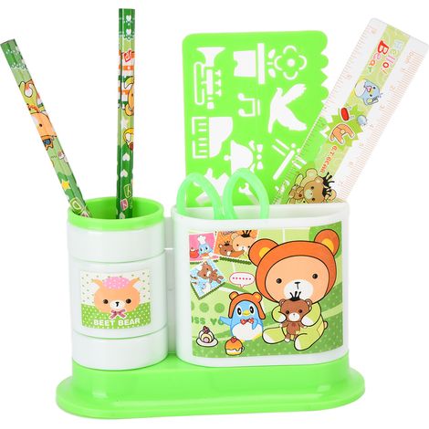 Porte-stylos rotatif 2 compartiments, boîte à crayons en plastique avec taille-crayon et ciseaux, rangement pour stylos et crayons, cadeau pour étudiants, vert (1/5)
