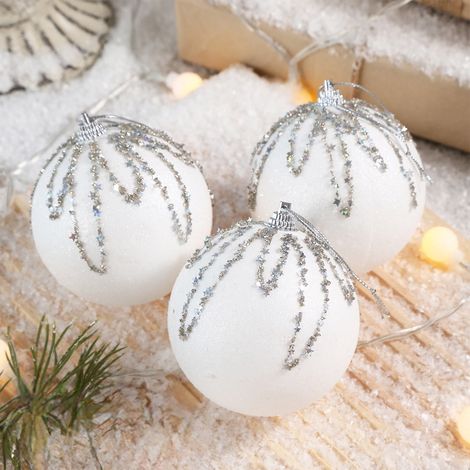 Boule De Noel - 8 Cm - Blanc - En Plastique Incassable - Pour Arbre De Noel Guirlande Couronne Intérieur - Lot De 3 (1/5)