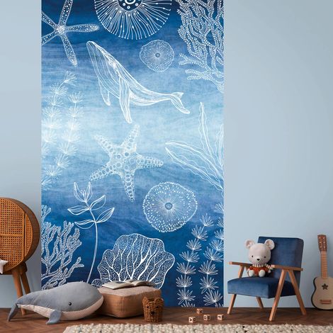 Fototapete Profhome 770601 Vliestapete glatt Kindertapete matt blau saphir-blau weiß 1,59 m x 2,8 m