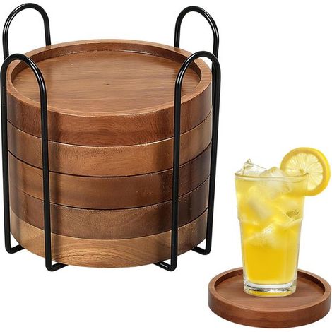 Posavasos redondos de madera marrón de 6 piezas (10 x 10 x 1,4 cm) con soporte para decoración de mesa. (1/5)