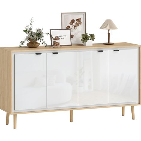 Aparador de alto brillo, mueble de almacenamiento con 4 puertas, estantes ajustables, 141 x 35 x 77 cm, blanco y roble. (1/5)