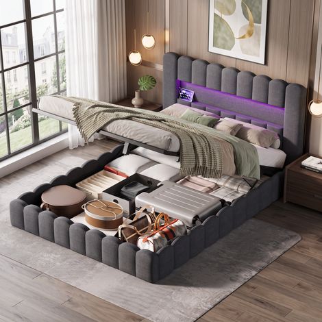 Superaly Lit double coffre 160x200 cm, Tête de lit capitonné avec LED, Port USB, Cadre de lit de style souche, Système hydraulique, Adapté aux adolescents et adultes, Lin, Gris foncé (1/5)
