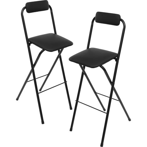 HAUTOUR Lot de 2 tabourets de bar pliables, avec dossier et repose-pieds, pliable, jusqu'à 125 kg, hauteur de l'assise : 75 cm, pour intérieur et extérieur, bureaux et bars, (noir) (1/5)
