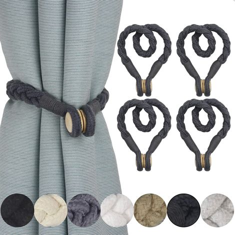 4 embrasses coton tissé noir/gris – magnétiques douces, boucle bois, maison/bureau (1/4)