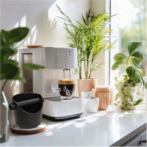Boîte de robinet noire, récipient à marc de café avec tige de robinet amovible + tampon de pression rond en silicone expresso de 6 cm, adapté à la cuisine, au restaurant, au café, au bureau. (1/4)