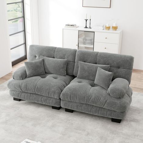 Canapé d’angle en chenille, 2 places avec coussins décoratifs et lombaires, cadre en bois massif, gris (1/5)