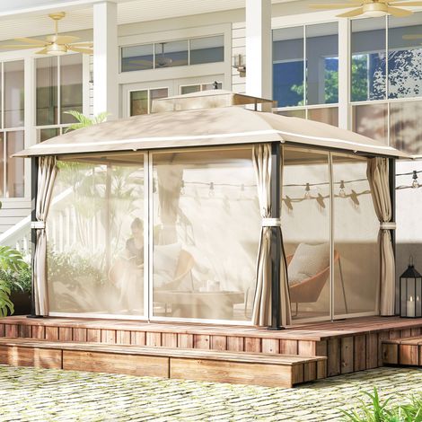 Carpa para Jardín con Techo Doble Cenador con Mosquiteras y Cortinas para Exterior Terraza 370x303x290 cm Beige