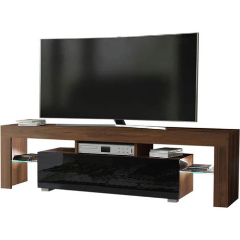 Meuble TV SPIDER A LED en Noyer MAT avec porte Noir Laqué 160 cm (1/3)