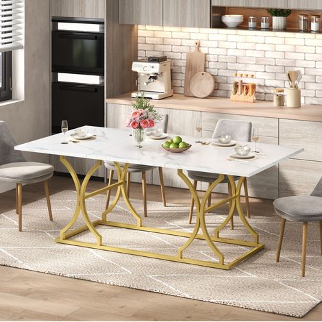 Table à manger 200x80x76 cm blanc et doré en MDF effet marbre avec pieds métalliques réglables (1/5)