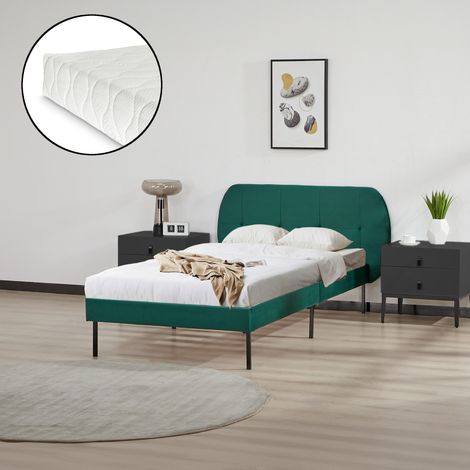 Letto Singolo Porvoo con Testiera e Materasso 90x200 cm Rivestimento in Velluto - Verde Scuro [en.casa]