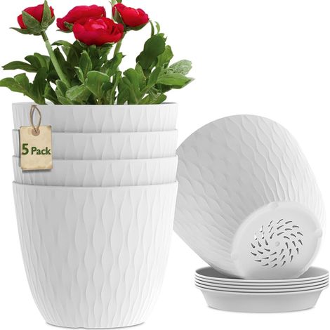 Lot de 5 pots de fleurs d'intérieur rayés avec trous de drainage et plateau, pots de fleurs décoratifs modernes (18 cm, blanc) (1/5)