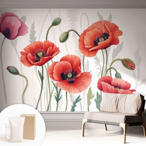 Papier peint intissé avec imprimé pour intérieur moderne application facile a motif - Colle incluse gratuite Coquelicots rouges 312x219 cm (1/5)