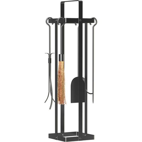 Ensemble d'outils de cheminée 5 pièces, accessoires de cheminée, brosse, pelle, pince, tisonnier, support en métal noir (1/5)