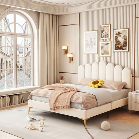Lit pour fille 140 x 200 cm, lit rembourré avec cadre de lit flottant rembourré, tête de lit, Lit pour adolescent, tissu velours (beige) (1/5)