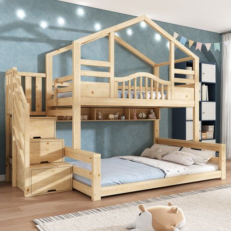 Etagenbett 90×200 cm und 140×200 cm, Bett 3 Plätze mit Treppenschrank, Stauraum und Regalen, ohne Matratze, Holz, Beige (1/5)
