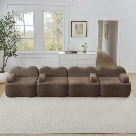 FloraGrace Canapé modulable 4 places, forme ondulée, velours brun, assise profonde, sans montage (1/5)