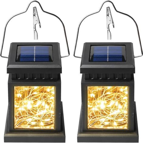 Lot de 2 lanternes solaires d'extérieur à suspendre carrées 30 LED blanc chaud résistantes aux intempéries Décoration de jardin, balcon et terrasse Lampe solaire [Classe énergétique A] (1/5)