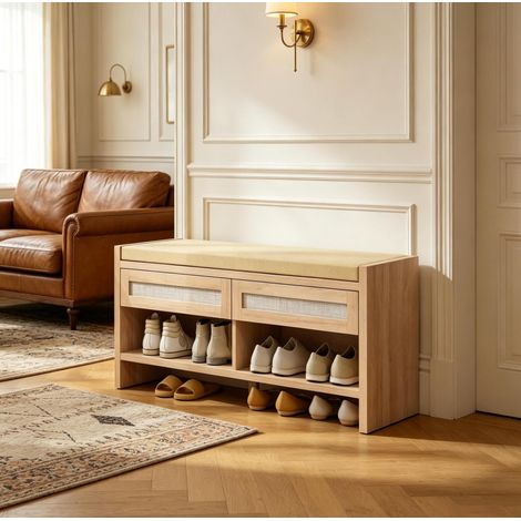 Panca portascarpe da ingresso con cuscino, 2 scomparti in rattan PE e ripiano aperto HAVRYA (1/5)