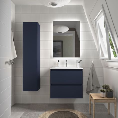 Cygnus Bath – Meuble de salle de bain 60cm bleu mat – Vasque en porcelaine résistante aux rayures – Tiroirs à fermeture amortie – MDF résistant à l'humidité (1/5)